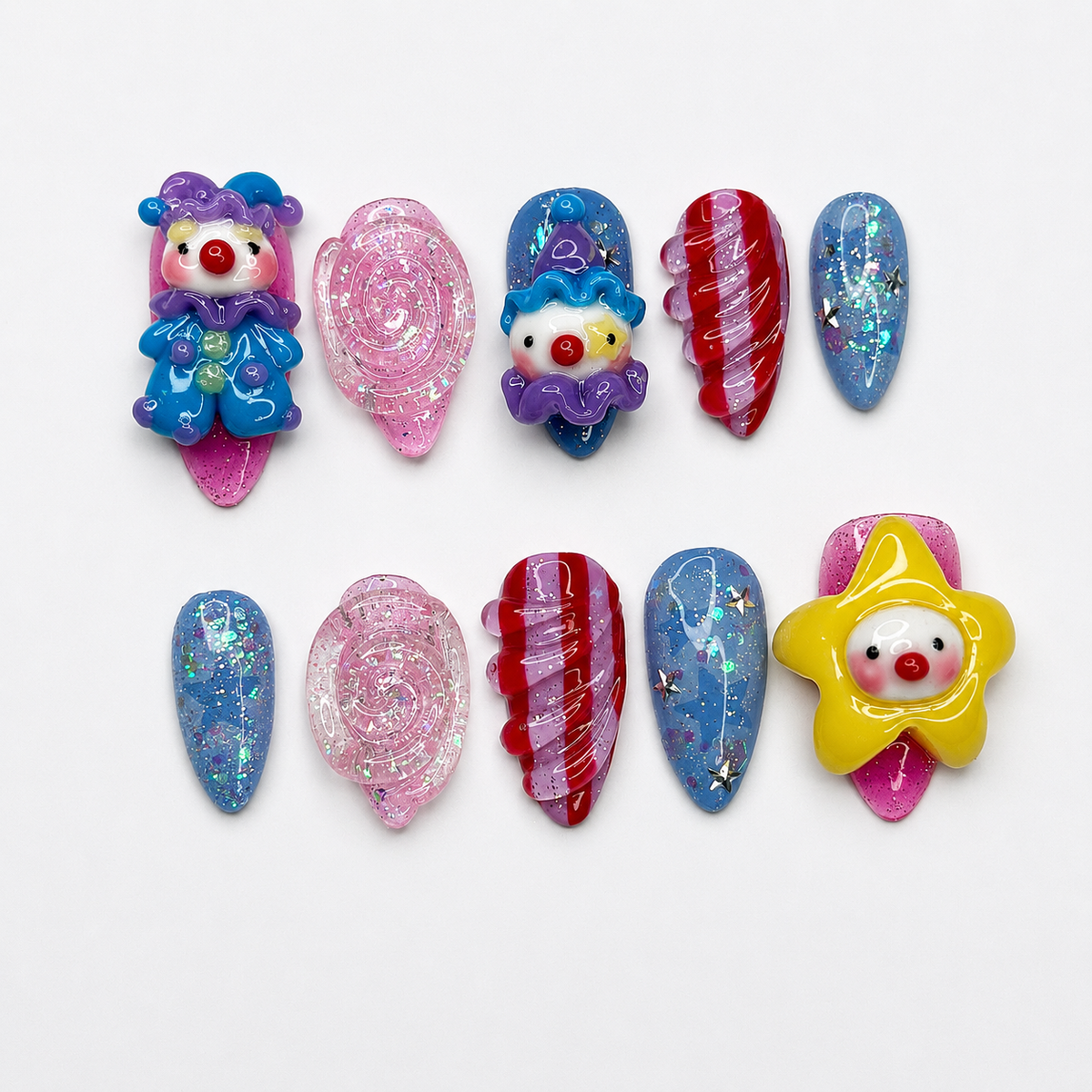 Clown Press On Nails Almond • Pink Blue Kawaii 3D Clown Star Candy Swirl Glitter Fake Nails • Cute Birthday Gift for Her | OA431LC