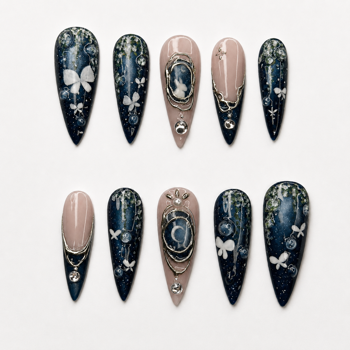 Celestial Press On Nails • Butterfly Gift for Her • Navy Blue Moon Butterfly Gold Frame Handmade Fake Nails Night Sky Set Deluxe | OB429LC