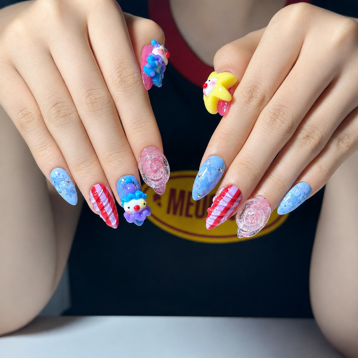 Clown Press On Nails Almond • Pink Blue Kawaii 3D Clown Star Candy Swirl Glitter Fake Nails • Cute Birthday Gift for Her | OA431LC
