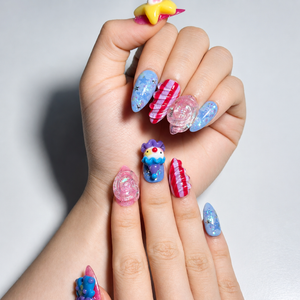 Clown Press On Nails Almond • Pink Blue Kawaii 3D Clown Star Candy Swirl Glitter Fake Nails • Cute Birthday Gift for Her | OA431LC