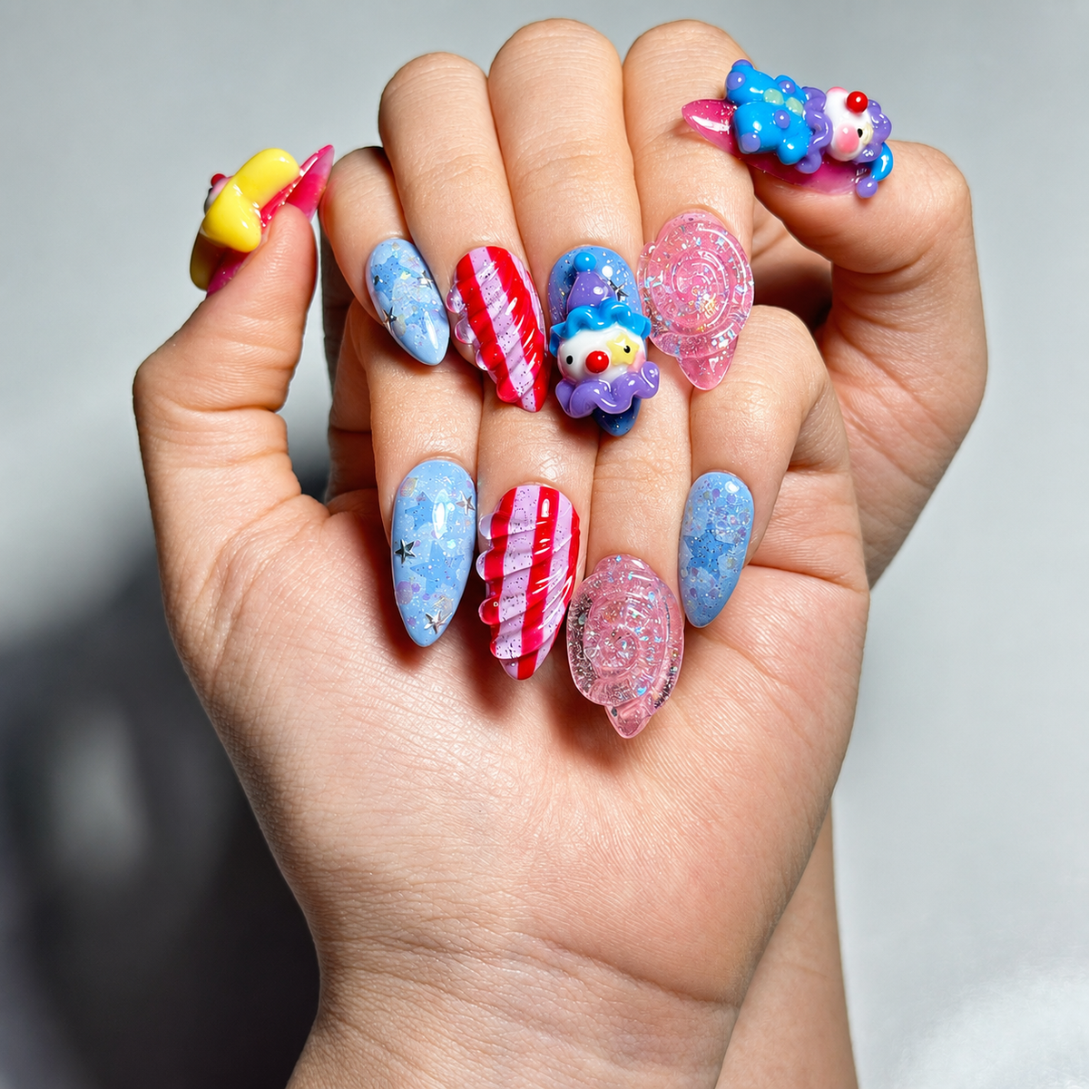 Clown Press On Nails Almond • Pink Blue Kawaii 3D Clown Star Candy Swirl Glitter Fake Nails • Cute Birthday Gift for Her | OA431LC