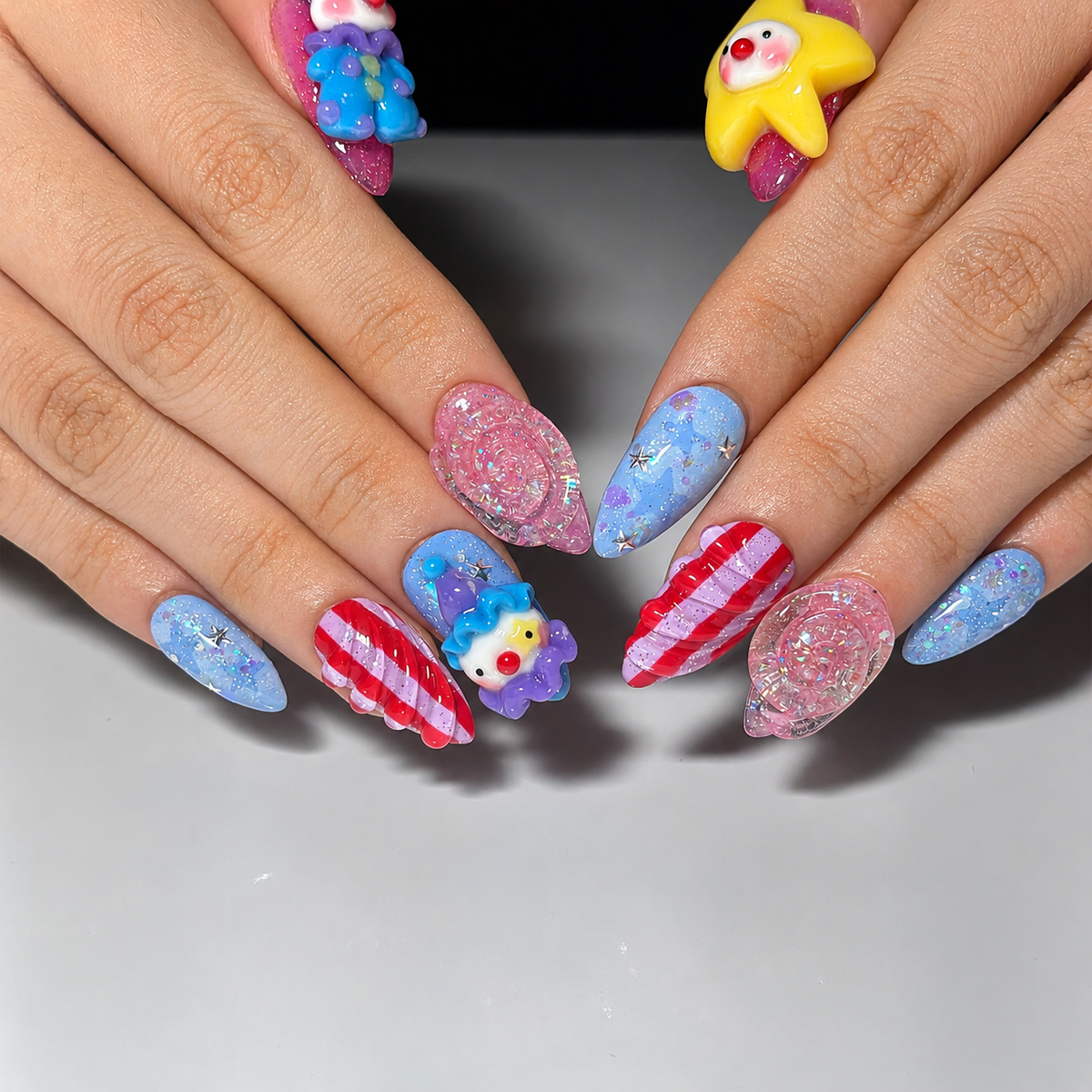 Clown Press On Nails Almond • Pink Blue Kawaii 3D Clown Star Candy Swirl Glitter Fake Nails • Cute Birthday Gift for Her | OA431LC