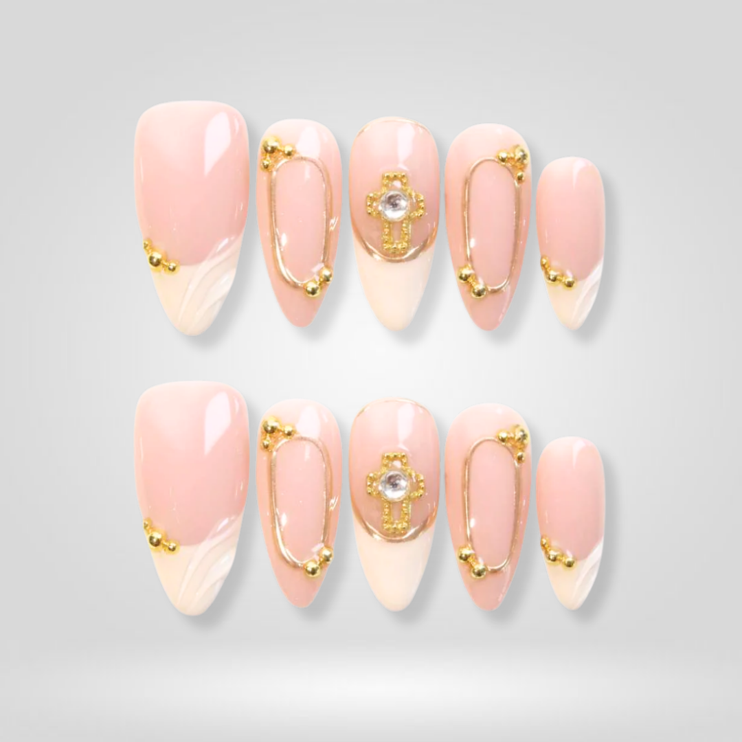 Gold Cross Almond Press-On Nails - Aninail
