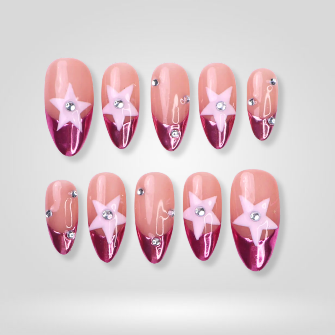 Pink Stary Almond French Press-On Nails - Aninail