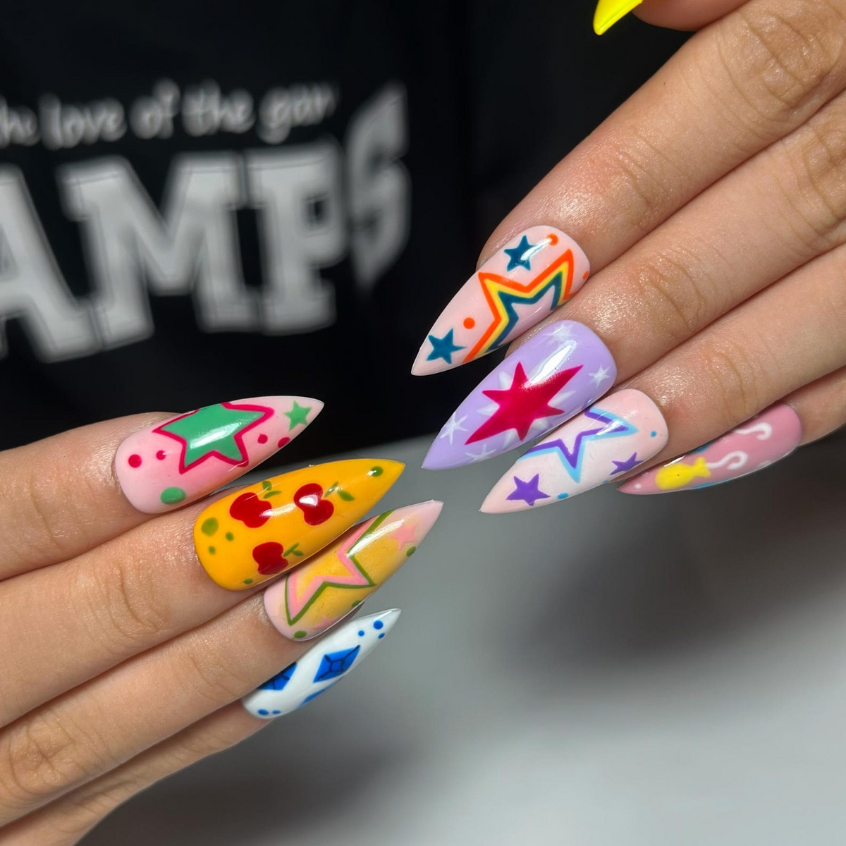 Colorful Press On Nails with Retro Star Art , Whimsical Hand Painted Nails , Funky Statement Nails for Trendy Gift | OB527WC