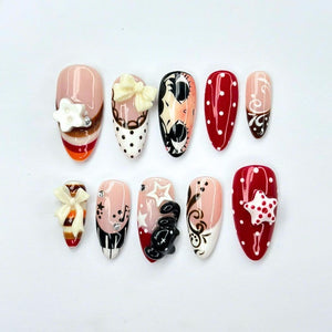 Coquette Press On Nails with Teddy Bear & Ribbon | 3D Vintage Fake Nails in Almond Shape | Handmade Cute Nails for Date, Everyday | OB472UC
