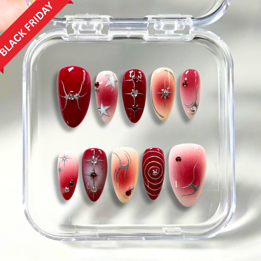 Crimson Orbit 3D Chrome Press-On Nails - Aninail