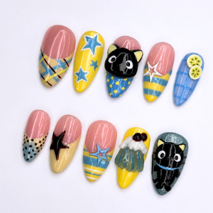 Cute Cat Press On Nails with 3D Kitty Art , Colorful Star Fake Nails , Handmade Whimsical Nails for Fall Gift | OB517WI