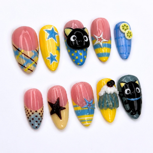 Cute Cat Press On Nails with 3D Kitty Art , Colorful Star Fake Nails , Handmade Whimsical Nails for Fall Gift | OB517WI