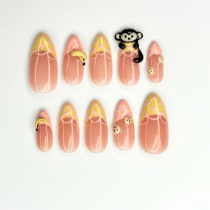 Cute Fruit Press On Nails with 3D Banana Charms | Peach Pink Fake Nails in Long Almond | Handmade Kawaii Nail Art for Summer | OC482UC