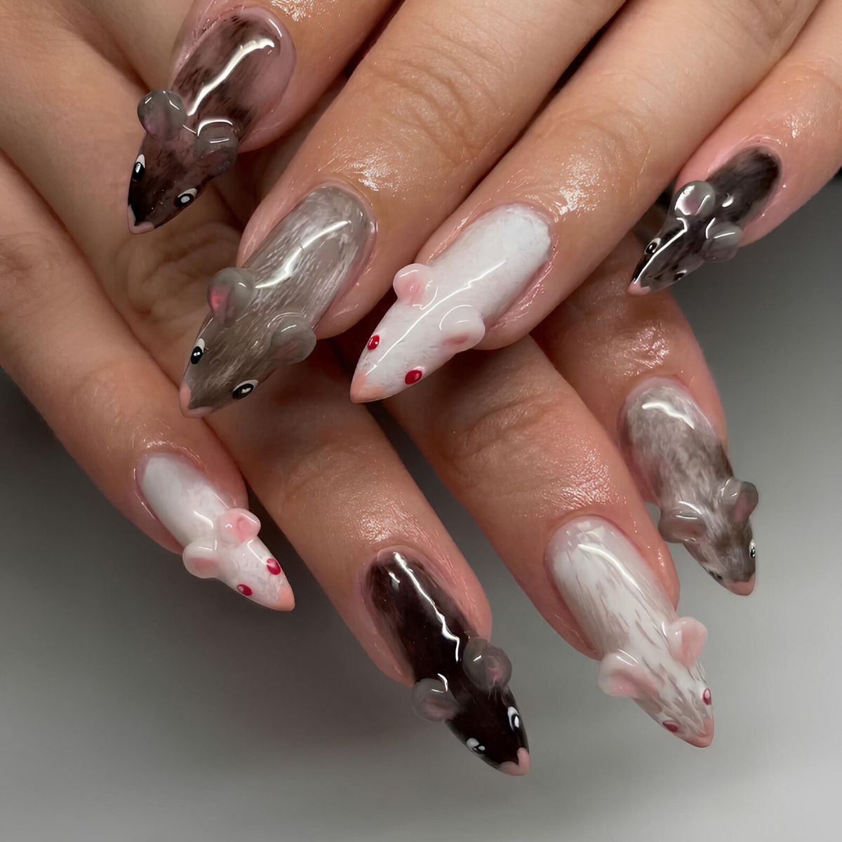 Cute Woodland Animal Press On Nails, Kawaii Forest Nails, Handmade 3D Animal Nail Set, Glossy Black White Nails, OB461UC