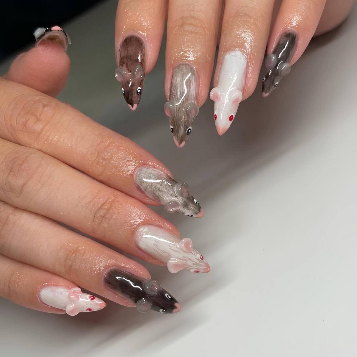 Cute Woodland Animal Press On Nails, Kawaii Forest Nails, Handmade 3D Animal Nail Set, Glossy Black White Nails, OB461UC