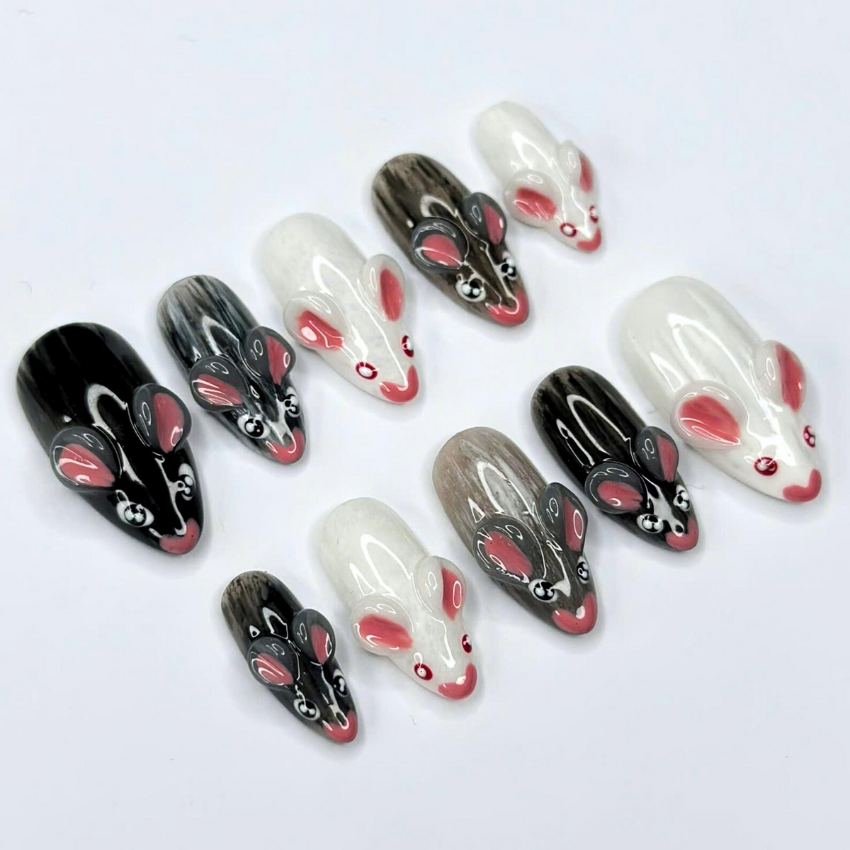 Cute Woodland Animal Press On Nails, Kawaii Forest Nails, Handmade 3D Animal Nail Set, Glossy Black White Nails, OB461UC
