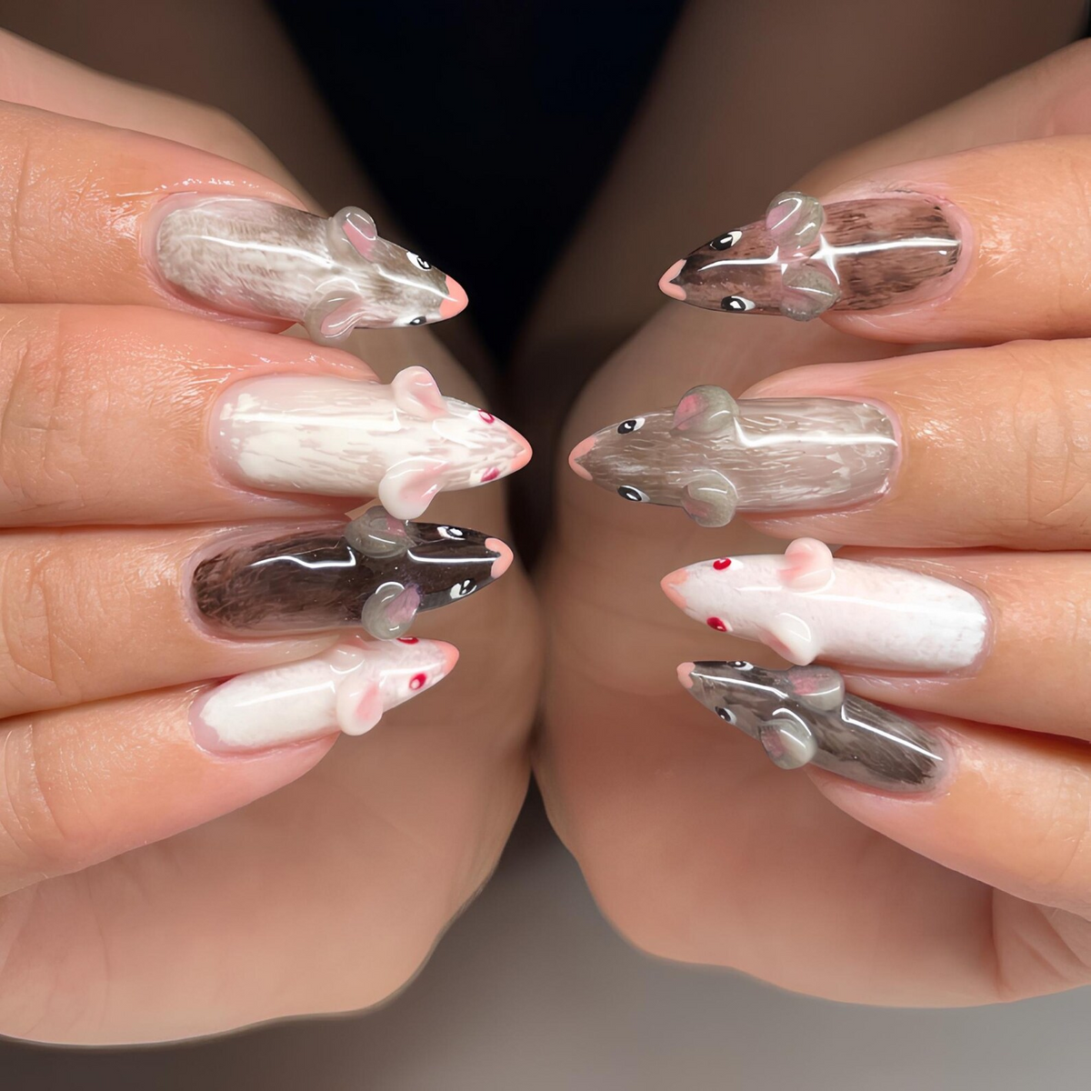 Cute Woodland Animal Press On Nails, Kawaii Forest Nails, Handmade 3D Animal Nail Set, Glossy Black White Nails, OB461UC