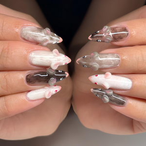 Cute Woodland Animal Press On Nails, Kawaii Forest Nails, Handmade 3D Animal Nail Set, Glossy Black White Nails, OB461UC