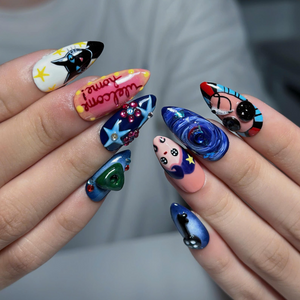 Dark Fantasy Press On Nails with Black Cat & Eye Art | Whimsical 3D Charms | Eclectic Statement Nails | OB547UI
