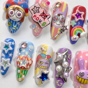 Whimsical 3D Cartoon Press On Nails, Cute Jester & Purple Bunny Fake Nails Handpainted Colorful Star Nail Set Reusable Gel Nails Box| OB413L