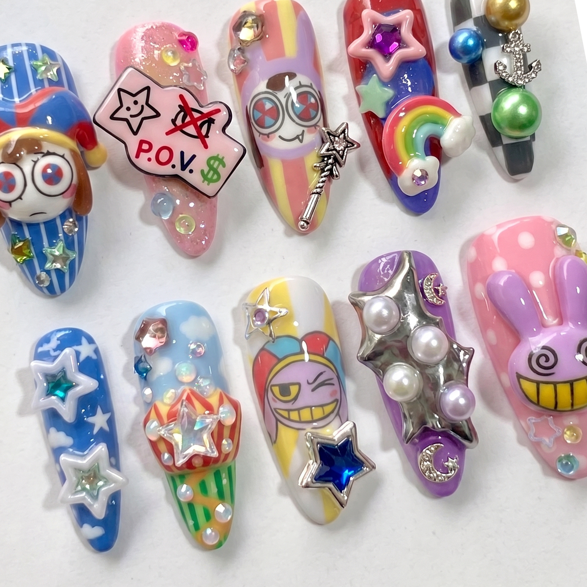Whimsical 3D Cartoon Press On Nails, Cute Jester & Purple Bunny Fake Nails Handpainted Colorful Star Nail Set Reusable Gel Nails Box| OB413L