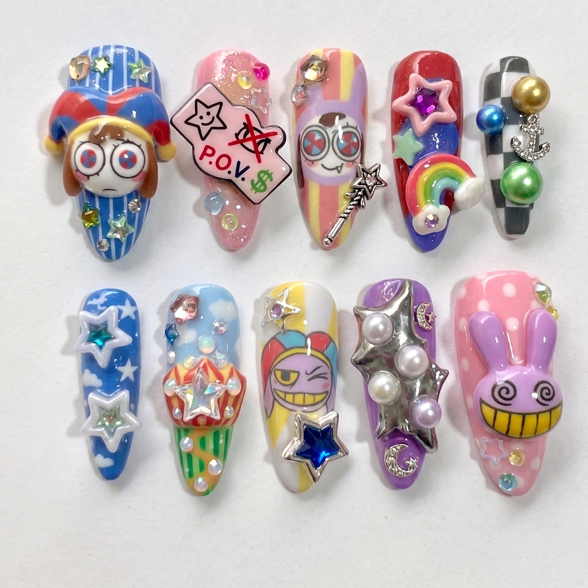 Whimsical 3D Cartoon Press On Nails, Cute Jester & Purple Bunny Fake Nails Handpainted Colorful Star Nail Set Reusable Gel Nails Box| OB413L