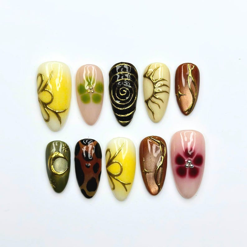 Earthy Press On Nails with Abstract Flowers | Mustard Yellow Olive Green Fake Nails | Handmade Botanical Nail Art for Fall | OB513UI