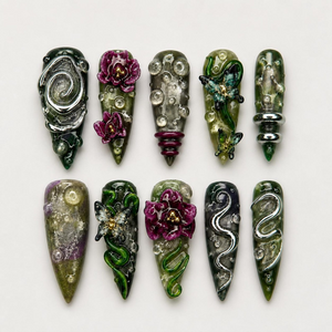 Enchanted Forest Press On Nails | Emerald Snake Butterfly Nail Set | Fantasy Botanical Chrome Nails | Handmade Statement Art | OB458JG