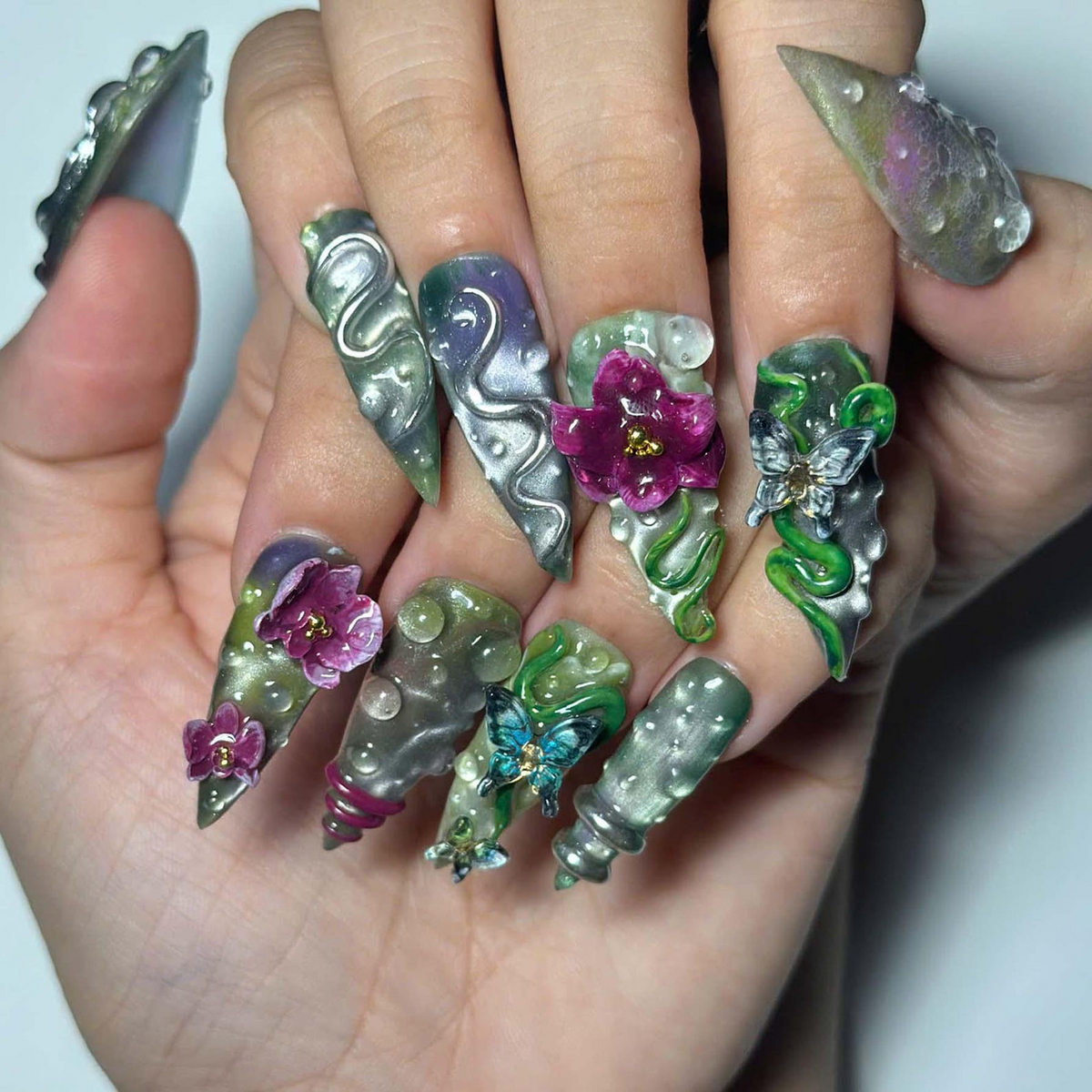 Enchanted Forest Press On Nails | Emerald Snake Butterfly Nail Set | Fantasy Botanical Chrome Nails | Handmade Statement Art | OB458JG
