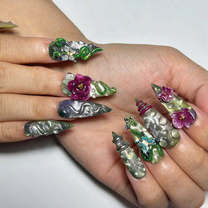 Enchanted Forest Press On Nails | Emerald Snake Butterfly Nail Set | Fantasy Botanical Chrome Nails | Handmade Statement Art | OB458JG