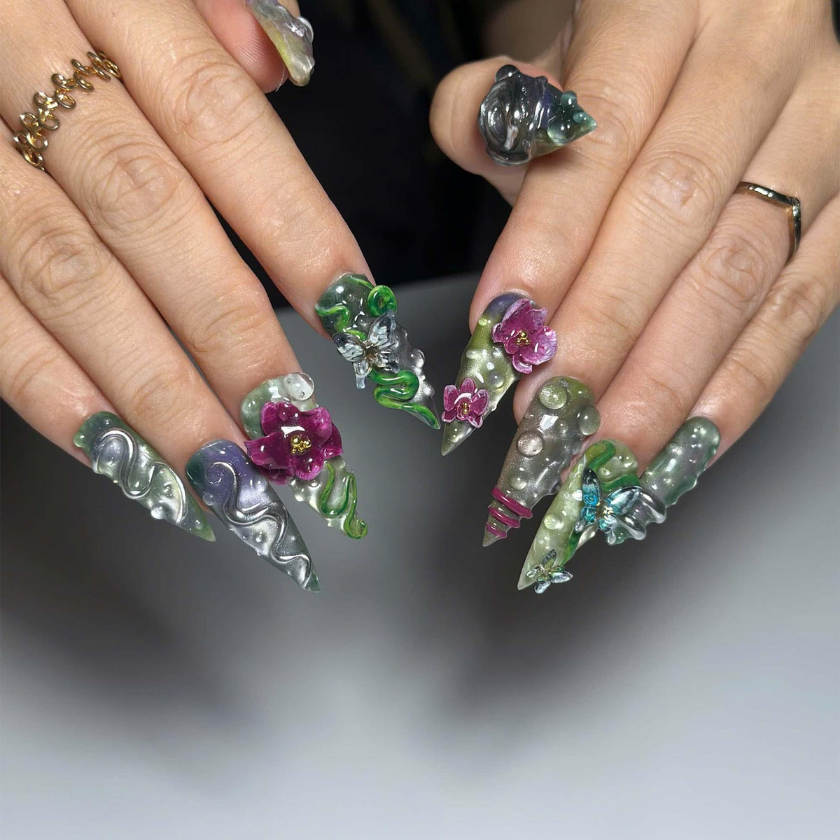 Enchanted Forest Press On Nails | Emerald Snake Butterfly Nail Set | Fantasy Botanical Chrome Nails | Handmade Statement Art | OB458JG