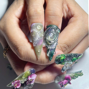 Enchanted Forest Press On Nails | Emerald Snake Butterfly Nail Set | Fantasy Botanical Chrome Nails | Handmade Statement Art | OB458JG