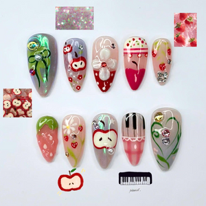 Fruit Aesthetic Press On Nails, Strawberry Apple Nails, Kawaii Press On Nails, Cute Coquette Nails, Handmade Japanese Nail Art, OB456UG