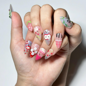 Fruit Aesthetic Press On Nails, Strawberry Apple Nails, Kawaii Press On Nails, Cute Coquette Nails, Handmade Japanese Nail Art, OB456UG