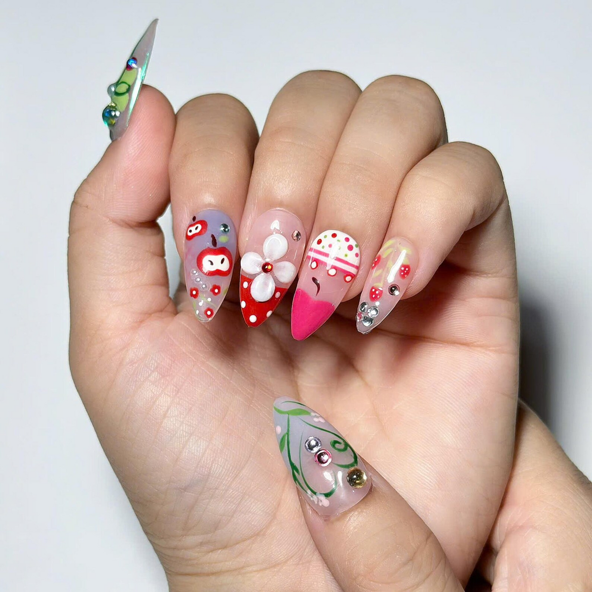 Fruit Aesthetic Press On Nails, Strawberry Apple Nails, Kawaii Press On Nails, Cute Coquette Nails, Handmade Japanese Nail Art, OB456UG