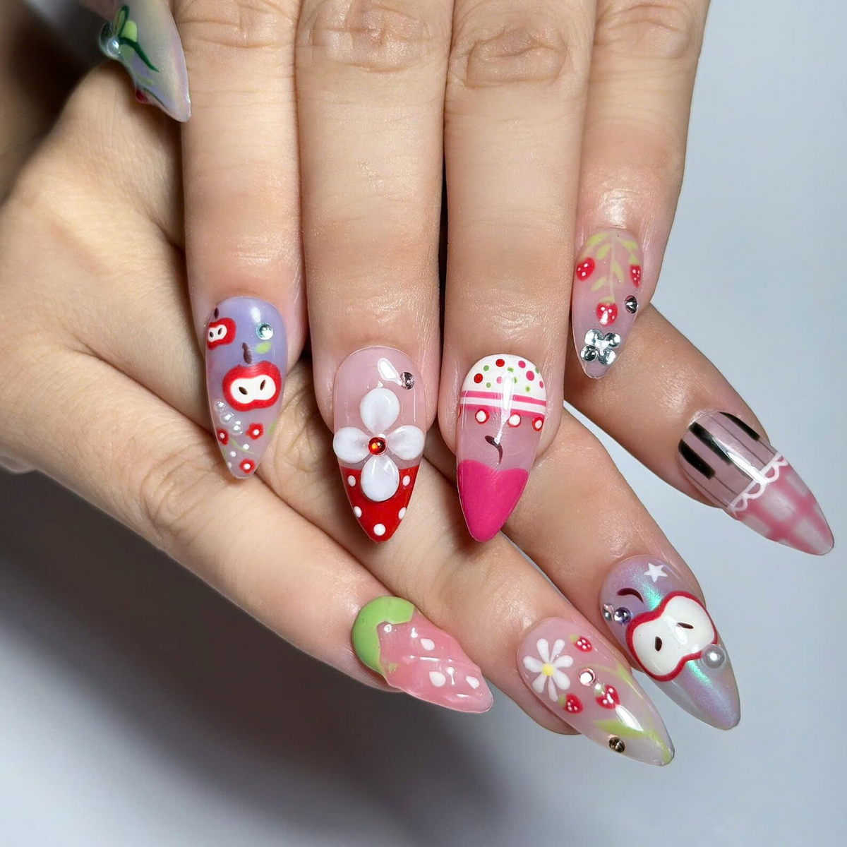 Fruit Aesthetic Press On Nails, Strawberry Apple Nails, Kawaii Press On Nails, Cute Coquette Nails, Handmade Japanese Nail Art, OB456UG