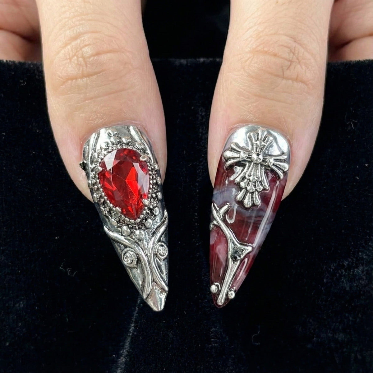 Gothic Blood Cross Press On Nails | Dark Red Medieval Nails | Silver Armor Nail Art | Gothic Cross Statement Nails | OB265EK