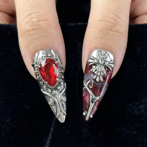 Gothic Blood Cross Press On Nails | Dark Red Medieval Nails | Silver Armor Nail Art | Gothic Cross Statement Nails | OB265EK