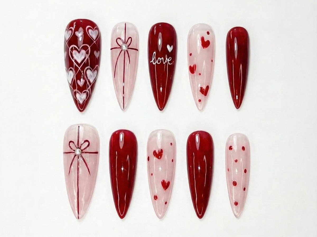 Valentine’s Day Heart Press On Nails | Red & Pink Romantic Nail Set | Handmade Gift for Girlfriend | Elegant Stiletto Fake Nails | OC999GC