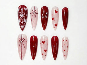 Valentine’s Day Heart Press On Nails | Red & Pink Romantic Nail Set | Handmade Gift for Girlfriend | Elegant Stiletto Fake Nails | OC999GC