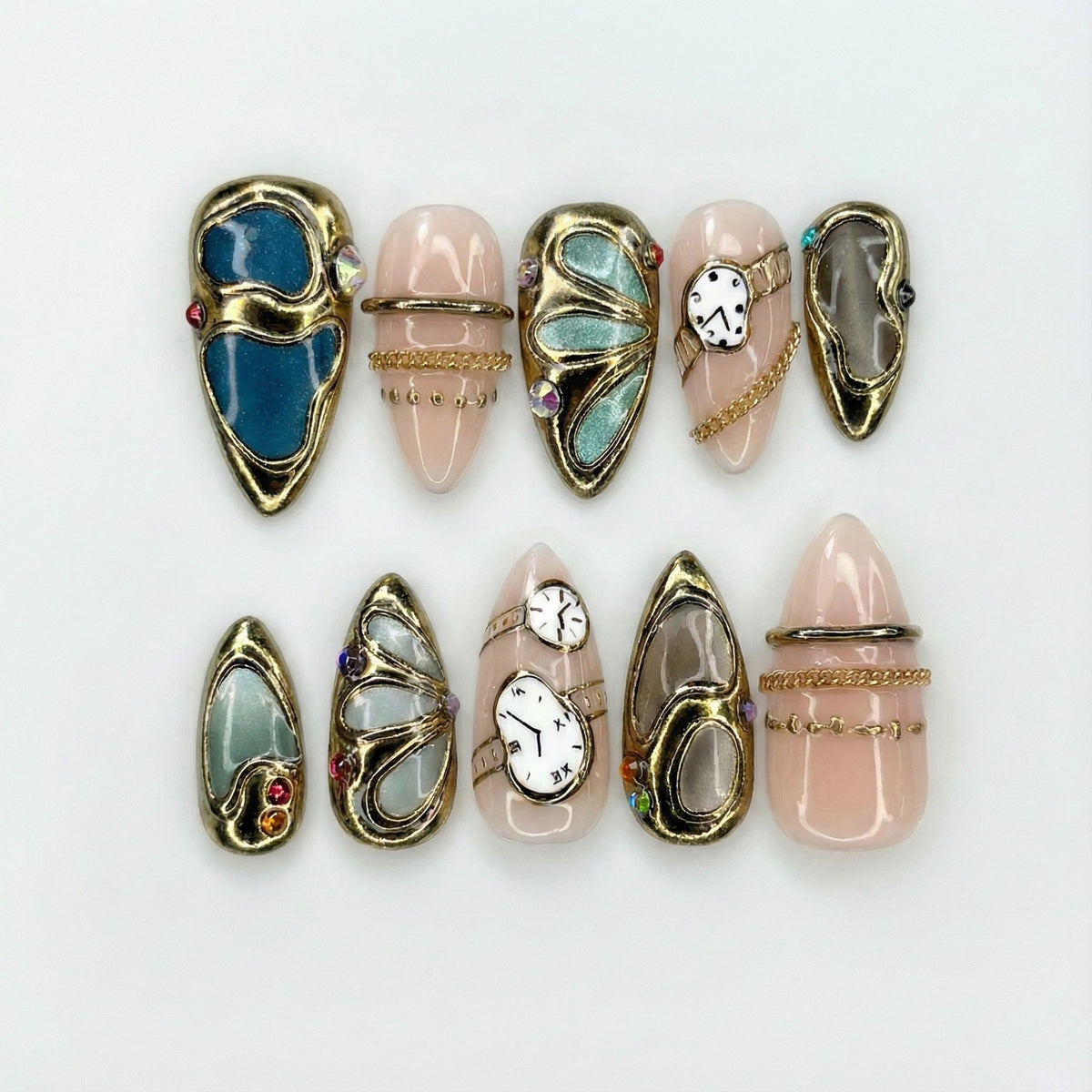Opulent Gold Luxury Press On Nails | Vintage Watch Gothic Nail Art | Gold Frame Clock Inspired Nail Set | OC1239EC