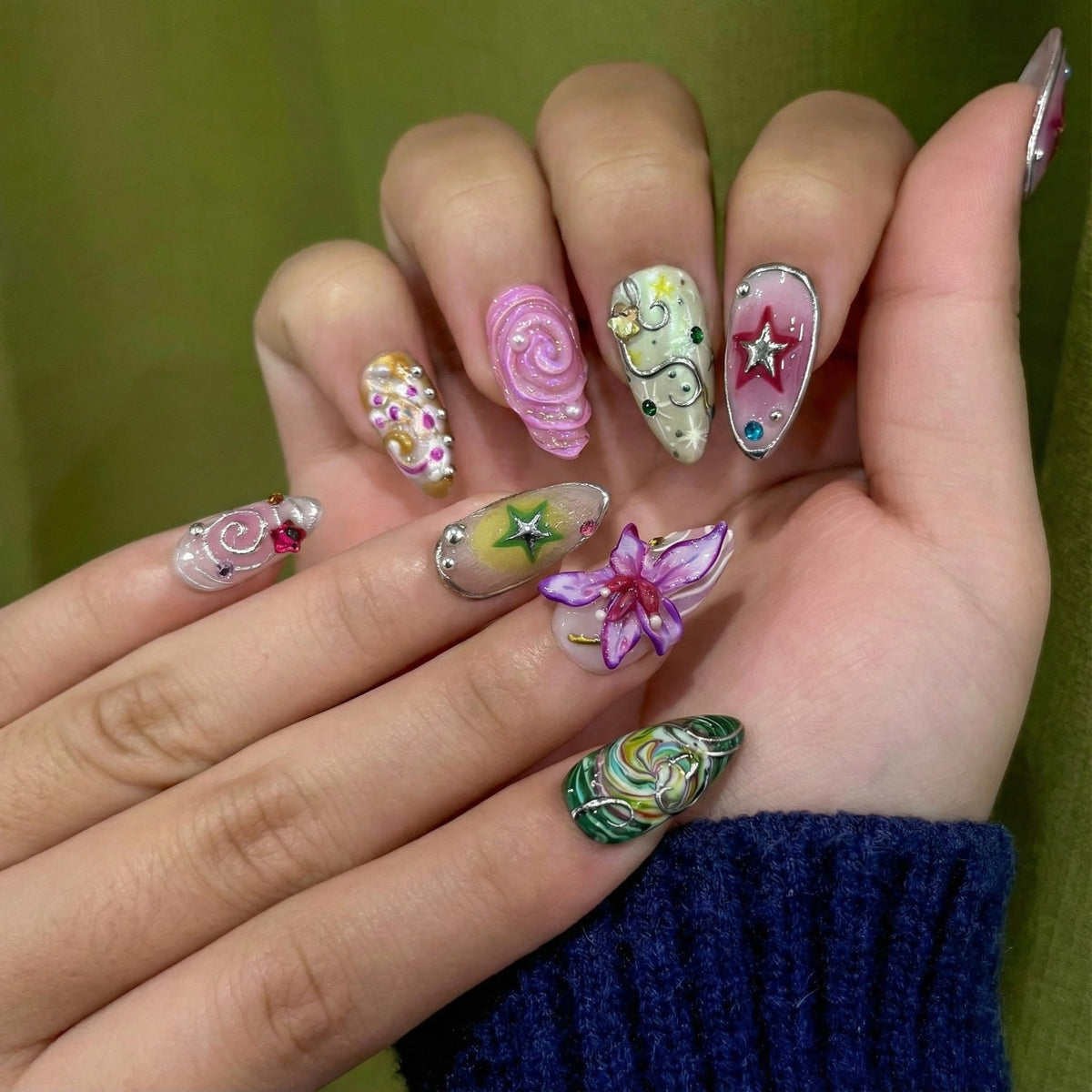 Spring Fairy Garden Press On Nails | Colorful 3D Floral Nail Art | Fantasy Galaxy Press Ons | Handmade Statement Nails | OB266EC