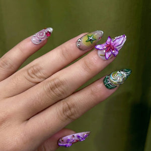 Spring Fairy Garden Press On Nails | Colorful 3D Floral Nail Art | Fantasy Galaxy Press Ons | Handmade Statement Nails | OB266EC