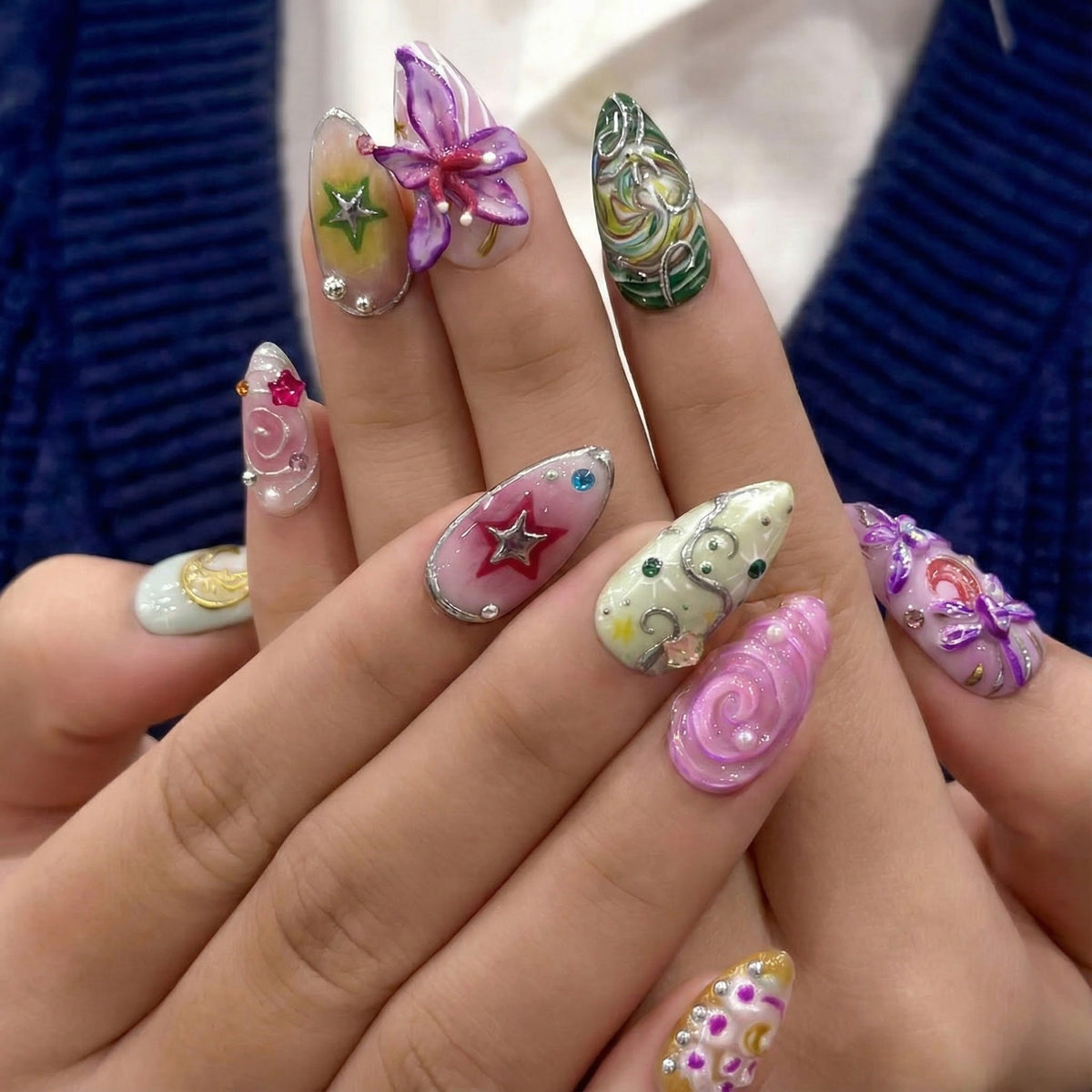 Spring Fairy Garden Press On Nails | Colorful 3D Floral Nail Art | Fantasy Galaxy Press Ons | Handmade Statement Nails | OB266EC