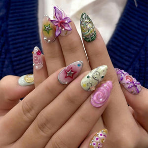 Spring Fairy Garden Press On Nails | Colorful 3D Floral Nail Art | Fantasy Galaxy Press Ons | Handmade Statement Nails | OB266EC