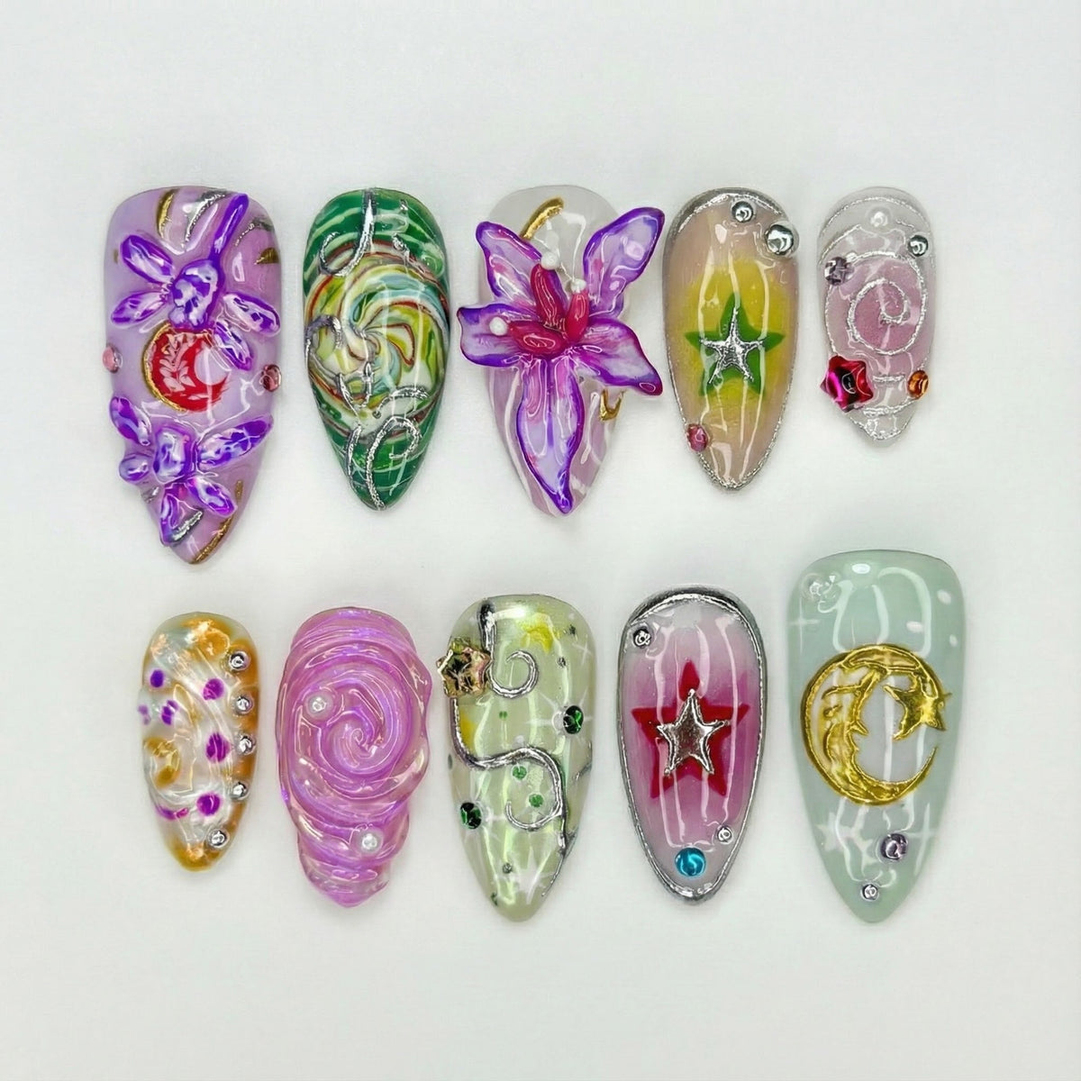 Spring Fairy Garden Press On Nails | Colorful 3D Floral Nail Art | Fantasy Galaxy Press Ons | Handmade Statement Nails | OB266EC