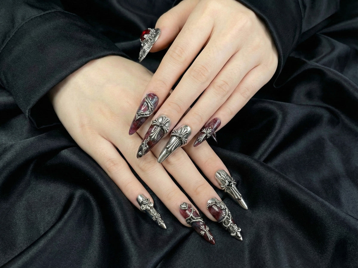 Gothic Blood Cross Press On Nails | Dark Red Medieval Nails | Silver Armor Nail Art | Gothic Cross Statement Nails | OB265EK