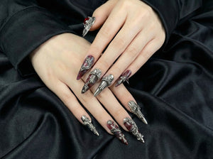 Gothic Blood Cross Press On Nails | Dark Red Medieval Nails | Silver Armor Nail Art | Gothic Cross Statement Nails | OB265EK