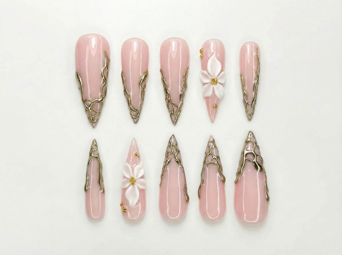 Nude Pink Luxury Press On Nails | Blush Floral Nails | 3D White Flower Nail Art | Elegant Bridal Press Ons | Soft Glam Nail Set | OC1232HC