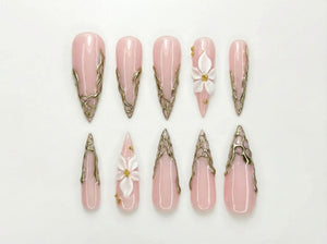 Nude Pink Luxury Press On Nails | Blush Floral Nails | 3D White Flower Nail Art | Elegant Bridal Press Ons | Soft Glam Nail Set | OC1232HC