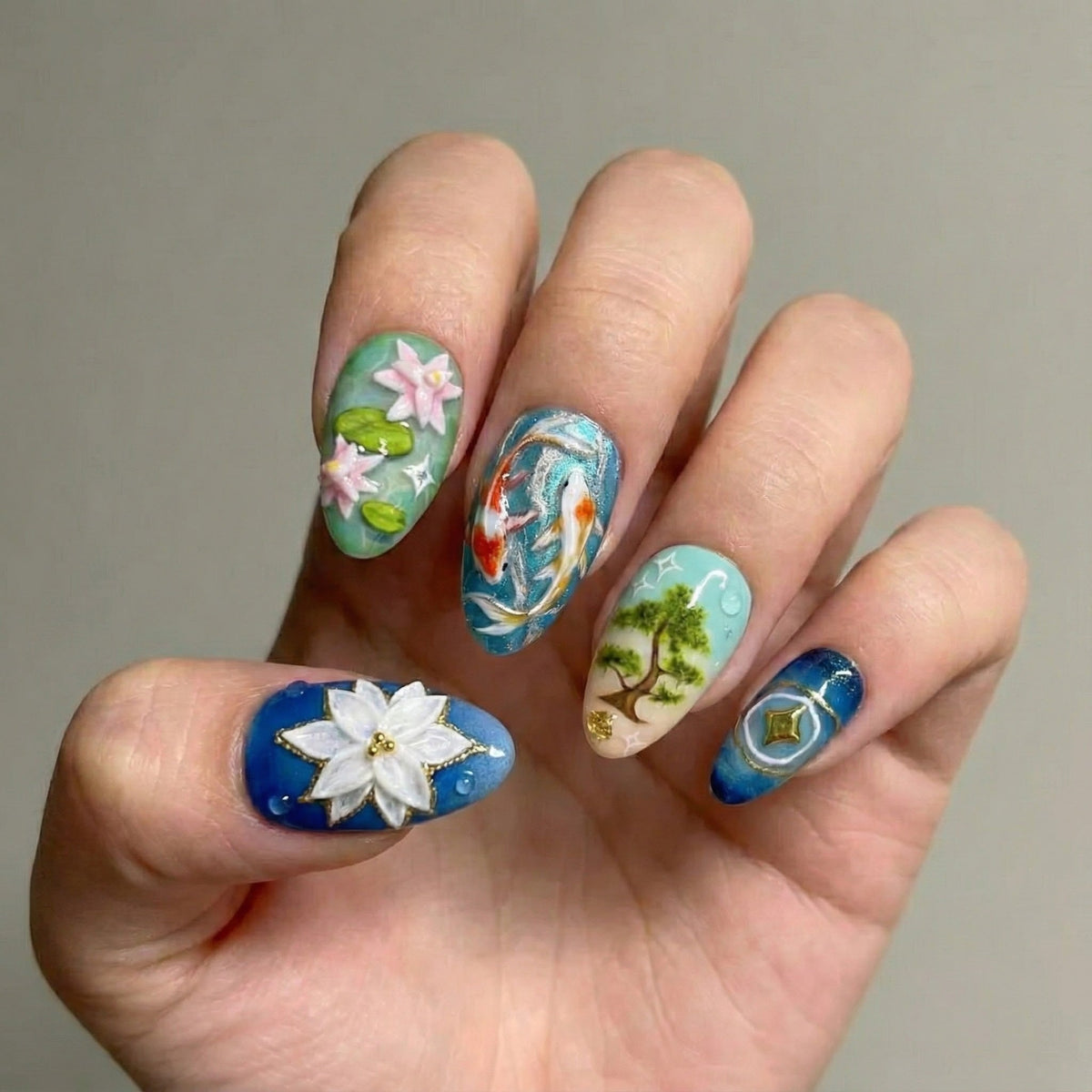 Lotus Koi Serenity Press On Nails | Zen Pond Nail Art | Koi Fish & Lotus Flower Nails | Nature Inspired Press Ons | OB264EC
