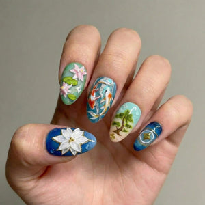 Lotus Koi Serenity Press On Nails | Zen Pond Nail Art | Koi Fish & Lotus Flower Nails | Nature Inspired Press Ons | OB264EC