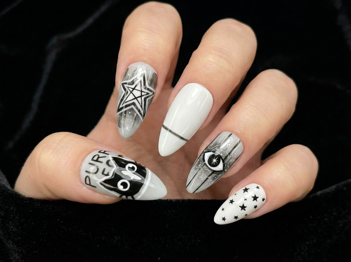 Cosmic Black Cat Press On Nails | Gothic Cat Nail Art | Moon Star Astrology Nails | Witchy Black White Press Ons | Mystic Nail Set | OB263H